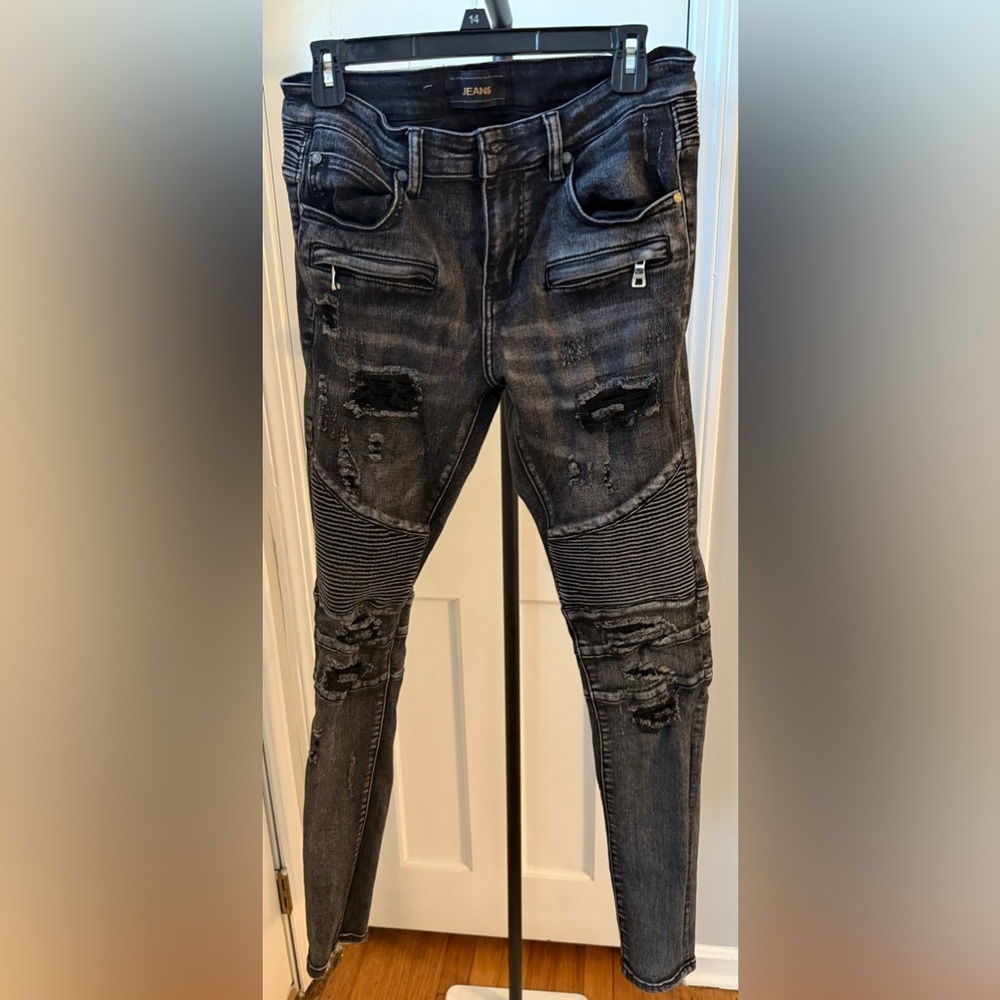 Men's Skinny Distressed Ribbed Knee Jeans - Black